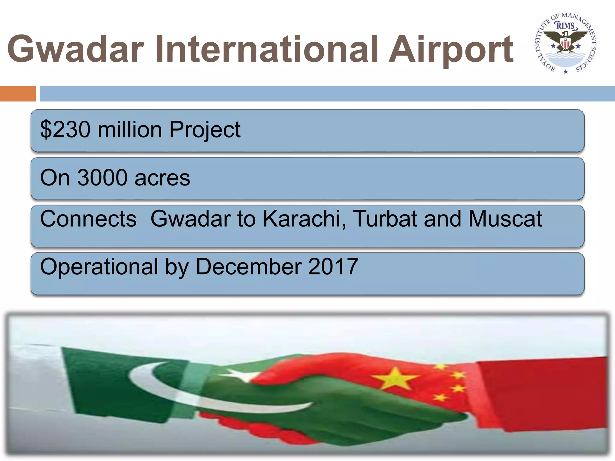 Gwadar International Airport
$230 million Project
On 3000 acres
Connects Gwadar to Karachi, Turbat and Muscat
Operational by December 2017
 
