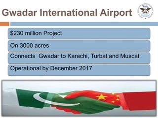 Gwadar International Airport
$230 million Project
On 3000 acres
Connects Gwadar to Karachi, Turbat and Muscat
Operational by December 2017
 