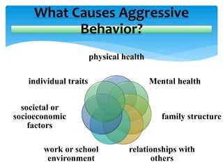 physical health
Mental health
family structure
relationships with
others
work or school
environment
societal or
socioeconomic
factors
individual traits
What Causes Aggressive
Behavior?
 