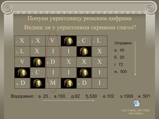 Попуни укрштеницу римским цифрама
а. Х б. Х V в. C г. L
д. L X I I X
V ђ. D X X X
е. C I I I
ж. D з. M и. D I
Усправно
а. 45
б. 20
г. 72
ж. 500
Водоравно : а. 25 , в.150, д.62 ђ.530 е.102 з.1000 и. 501
Видиш ли у укрштеници скривени глагол?
НАСТАВНИ ЛИСТИЋИ
ТРИ НИВОА
 