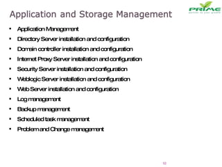 Application Management  Directory Server installation and configuration Domain controller installation and configuration Internet Proxy Server installation and configuration Security Server installation and configuration Weblogic Server installation and configuration Web Server installation and configuration Log management Backup management Scheduled task management Problem and Change management 