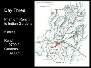 Day Three:Phantom Ranch to Indian Gardens5 milesRanch	2700 ftGardens	3900 ft