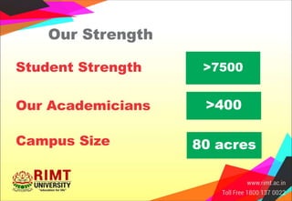 Our Strength
Student Strength >7500
Our Academicians >400
Campus Size 80 acres
 