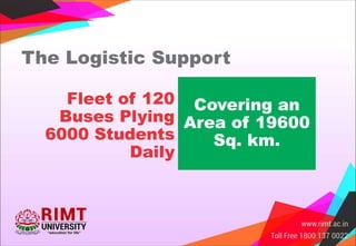 The Logistic Support
Fleet of 120
Buses Plying
6000 Students
Daily
Covering an
Area of 19600
Sq. km.
 