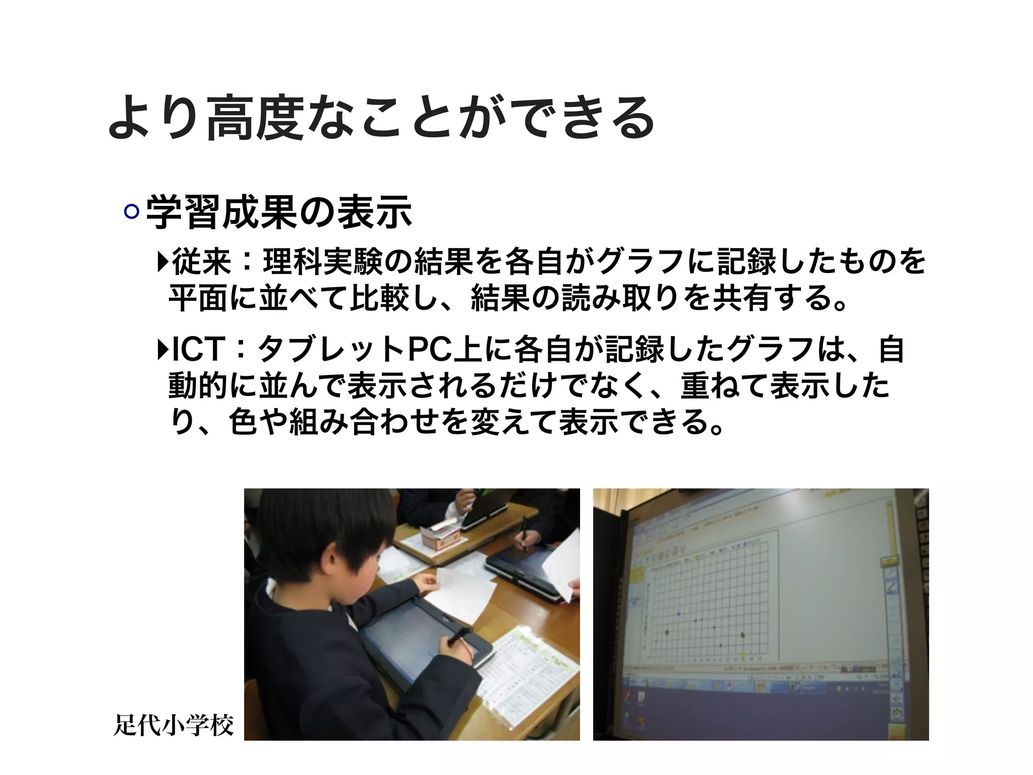 より高度なことができる
 学習成果の表示
 ‣従来：理科実験の結果を各自がグラフに記録したものを
  平面に並べて比較し、結果の読み取りを共有する。
 ‣ICT：タブレットPC上に各自が記録したグラフは、自
  動的に並んで表示されるだけでなく、重ねて表示した
  り、色や組み合わせを変えて表示できる。




足代小学校
 