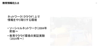 教育情報化3.0
ネットワーク（クラウド）上で
情報をやり取りする環境
• ソーシャルネットワーク（2004年
前後〜
• 教育クラウド環境の実証実験
（2014年〜）
11
 