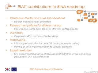 IRATI contributions to RINA roadmap
•

Reference model and core specifications
– Detect inconsistencies and errors

•

Research on policies for different areas
– Routing (link-state), Shim DIF over Ethernet VLANs (802.1q)

•

Use cases
– Corporate VPNs and cloud networking

•

Prototyping
– Initial implementation for Linux OS (user-space and kernel)
– Porting of RINA implementation to Juniper platforms

•

Experimentation
– First experimental analysis of RINA against TCP/IP in similar conditions
(focusing in LAN environments)

RINA Research, Korea-EU Workshop

12
© Fundació i2CAT 2013

 