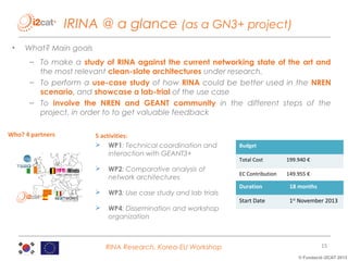 IRINA @ a glance (as a GN3+ project)
•

What? Main goals
– To make a study of RINA against the current networking state of the art and
the most relevant clean-slate architectures under research.
– To perform a use-case study of how RINA could be better used in the NREN
scenario, and showcase a lab-trial of the use case
– To involve the NREN and GEANT community in the different steps of the
project, in order to to get valuable feedback

Who? 4 partners

5 activities:
 WP1: Technical coordination and
interaction with GEANT3+


WP2: Comparative analysis of
network architectures



WP3: Use case study and lab trials



WP4: Dissemination and workshop
organization

RINA Research, Korea-EU Workshop

Budget
Total Cost

199.940 €

EC Contribution

149.955 €

Duration

18 months

Start Date

1st November 2013

15
© Fundació i2CAT 2013

 