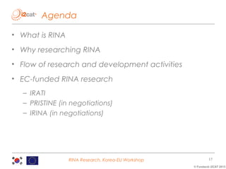 Agenda
• What is RINA
• Why researching RINA
• Flow of research and development activities
• EC-funded RINA research
– IRATI
– PRISTINE (in negotiations)
– IRINA (in negotiations)

RINA Research, Korea-EU Workshop

17
© Fundació i2CAT 2013

 