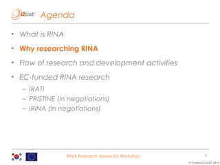 Agenda
• What is RINA
• Why researching RINA
• Flow of research and development activities
• EC-funded RINA research
– IRATI
– PRISTINE (in negotiations)
– IRINA (in negotiations)

RINA Research, Korea-EU Workshop

5
© Fundació i2CAT 2013

 