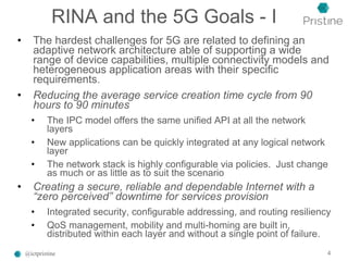 RINA and the 5G Goals - I
• The hardest challenges for 5G are related to defining an
adaptive network architecture able of...