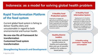 Rapid Transformation Platform
of the food system
Current global food system is failing to
deliver healthy diets and
unsustainable in regard to both
environmental and human health.
A Healthy Food
Production system
important to engage the
agricultural and private sector to
produce healthy and affordable
foods, especially with incentives
for production and consumption
linked with the national health
insurance system.
A Healthy Food
Information System
Deployment of a frontline
information system will link
production-to-plate across the
agricultural, private industry
and health sectors; and enable
data-driven management of a
healthy and sustainable food
supply and diet.
Healthy District
Leaders
to manage inter-sectoral
transformation to
healthy and sustainable
diets and use of scientific
platform for evidence-
based policy.
A Healthy eating
promotion – Health food
consumption
No one-size-fits all framework for
transformation
Customized Food system
transformation
Indonesia: as a model for solving global health problem
R Agustina 2018
Strengthening Research and Development
 
