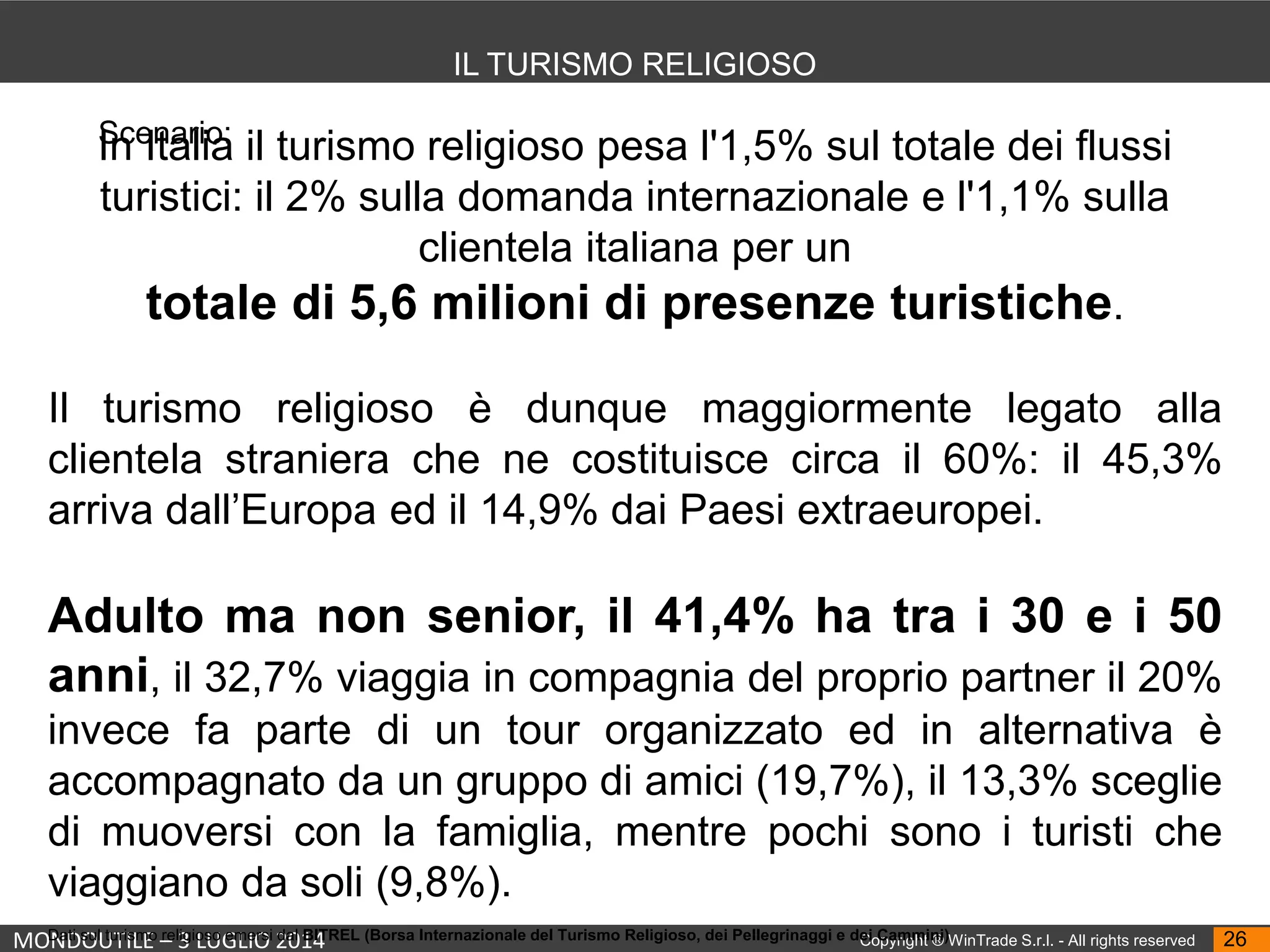 MONDOUTILE – 3 LUGLIO 2014 Copyright ® WinTrade S.r.l. - All rights reserved 26
IL TURISMO RELIGIOSO
In Italia il turismo religioso pesa l'1,5% sul totale dei flussi
turistici: il 2% sulla domanda internazionale e l'1,1% sulla
clientela italiana per un
totale di 5,6 milioni di presenze turistiche.
Il turismo religioso è dunque maggiormente legato alla
clientela straniera che ne costituisce circa il 60%: il 45,3%
arriva dall’Europa ed il 14,9% dai Paesi extraeuropei.
Adulto ma non senior, il 41,4% ha tra i 30 e i 50
anni, il 32,7% viaggia in compagnia del proprio partner il 20%
invece fa parte di un tour organizzato ed in alternativa è
accompagnato da un gruppo di amici (19,7%), il 13,3% sceglie
di muoversi con la famiglia, mentre pochi sono i turisti che
viaggiano da soli (9,8%).
Dati sul turismo religioso emersi dal BITREL (Borsa Internazionale del Turismo Religioso, dei Pellegrinaggi e dei Cammini)
Scenario:
 