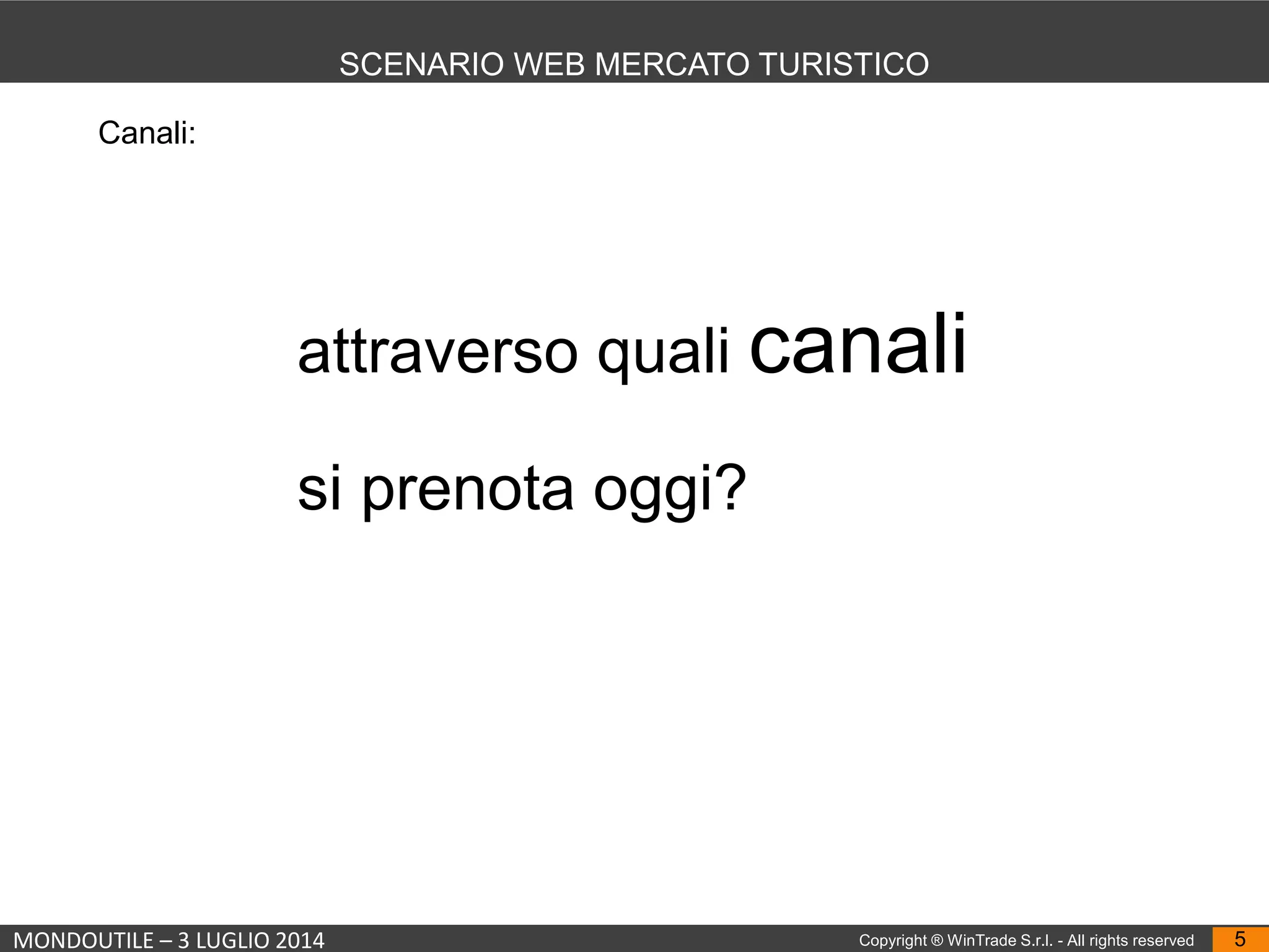 MONDOUTILE – 3 LUGLIO 2014 Copyright ® WinTrade S.r.l. - All rights reserved 5
SCENARIO WEB MERCATO TURISTICO
attraverso quali canali
si prenota oggi?
Canali:
 