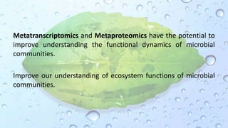 Metatranscriptomics and Metaproteomics have the potential to
improve understanding the functional dynamics of microbial
communities.
Improve our understanding of ecosystem functions of microbial
communities.
 
