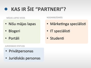 KAS	
  IR	
  ŠIE	
  “PARTNERI”?	
  
 MĀJAS	
  LAPAS	
  VEIDS	
      NODARBOŠANĀS	
  


•  Nišu	
  mājas	
  lapas	
     •  MārkeEnga	
  speciālisE	
  
•  Blogeri	
                    •  IT	
  speciālisE	
  
•  Portāli	
                    •  StudenE	
  
JURIDISKAIS	
  STATUSS	
  

•  Privātpersonas	
  
•  Juridiskās	
  personas	
  
 