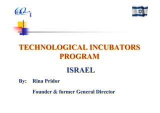TECHNOLOGICAL INCUBATORS
       PROGRAM
                  ISRAEL
By: Rina Pridor

    Founder & former General Director
 