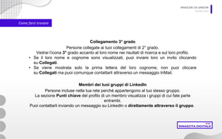 RINASCERE DA LINKEDIN
05/06/2020
Come farsi trovare
Collegamento 3° grado
Persone collegate ai tuoi collegamenti di 2° grado.
Vedrai l’icona 3° grado accanto al loro nome nei risultati di ricerca e sul loro profilo.
• Se il loro nome e cognome sono visualizzati, puoi inviare loro un invito cliccando
su Collegati.
• Se viene mostrata solo la prima lettera del loro cognome, non puoi cliccare
su Collegati ma puoi comunque contattarli attraverso un messaggio InMail.
Membri dei tuoi gruppi di LinkedIn
Persone incluse nella tua rete perché appartengono al tuo stesso gruppo.
La sezione Punti chiave del profilo di un membro visualizza i gruppi di cui fate parte
entrambi.
Puoi contattarli inviando un messaggio su LinkedIn o direttamente attraverso il gruppo.
 