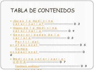 TABLA DE CONTENIDOS
 ¿Qué e s l a m e d i c i n a
v e t e r i n a r i a ? .............................. D 3
 Orígenes d e l a m e d i c i n a
v e t e r i n a r i a ........................... D 4
 G e n e r a l i d a d e s d e l a
c a r r e r a ..................................... D 5
P e r f i l d e l
p r o f e s i o n a l .......................................... D 5
C a m p o
o c u p a c i o n a l ............................................. D
6
 M e d i c i n a v e t e r i n a r i a -
U .D .C .A .................................. D 7
Excelencia académica........................................... D 9
 
