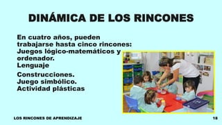 DINÁMICA DE LOS RINCONES
En cuatro años, pueden
trabajarse hasta cinco rincones:
Juegos lógico-matemáticos y
ordenador.
Lenguaje
Construcciones.
Juego simbólico.
Actividad plásticas
LOS RINCONES DE APRENDIZAJE 18
 