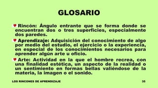 GLOSARIO
Rincón: Ángulo entrante que se forma donde se
encuentran dos o tres superficies, especialmente
dos paredes.
Aprendizaje: Adquisición del conocimiento de algo
por medio del estudio, el ejercicio o la experiencia,
en especial de los conocimientos necesarios para
aprender algún arte u oficio.
Arte: Actividad en la que el hombre recrea, con
una finalidad estética, un aspecto de la realidad o
un sentimiento en formas bellas valiéndose de la
materia, la imagen o el sonido.
LOS RINCONES DE APRENDIZAJE 35
 