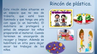 Rincón de plástica.
Este rincón debe situarse en
un espacio que no sea de
tránsito, que esté bien
iluminado y que tenga una pila
con agua (o un barreño). El
mobiliario se protegerá y
antes de empezar los niños
prepararán el material. Cuando
terminen se encargarán de
recoger y limpiar. Además se
habilitará un sitio para dejar
secar los trabajos de los
niños.
 