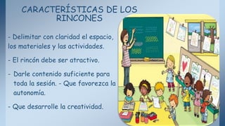 CARACTERÍSTICAS DE LOS
RINCONES
- Delimitar con claridad el espacio,
los materiales y las actividades.
- El rincón debe ser atractivo.
- Darle contenido suficiente para
toda la sesión. - Que favorezca la
autonomía.
- Que desarrolle la creatividad.
 
