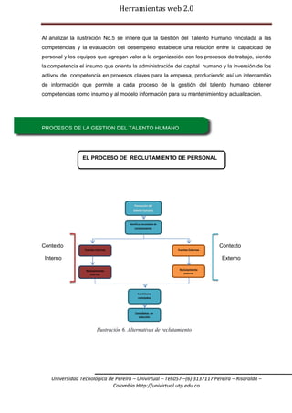 Herramientas web 2.0

Al analizar la ilustración No.5 se infiere que la Gestión del Talento Humano vinculada a las
competencias y la evaluación del desempeño establece una relación entre la capacidad de
personal y los equipos que agregan valor a la organización con los procesos de trabajo, siendo
la competencia el insumo que orienta la administración del capital humano y la inversión de los
activos de competencia en procesos claves para la empresa, produciendo así un intercambio
de información que permite a cada proceso de la gestión del talento humano obtener
competencias como insumo y al modelo información para su mantenimiento y actualización.

PROCESOS DE LA GESTION DEL TALENTO HUMANO

EL PROCESO DE RECLUTAMIENTO DE PERSONAL

Planeación del
talento humano

Identificar necesidades de

reclutamiento

Contexto

Fuentes internas

Fuentes Externas

Interno

Contexto
Externo

Reclutamiento
externo

Reclutamiento
internas

Candidatos
reclutados

Candidatos en
selección

Ilustración 6. Alternativas de reclutamiento

Universidad Tecnológica de Pereira – Univirtual – Tel 057 –(6) 3137117 Pereira – Risaralda –
Colombia Http://univirtual.utp.edu.co

 