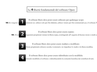 Il progetto GNU GNU è l’acronimo di  GNU is Not Unix Pensato per essere un sistema operativo completo, ma  soprattutto libero « L'obiettivo principale di GNU era essere software libero. Anche se GNU non avesse avuto alcun vantaggio tecnico su UNIX, avrebbe avuto sia un vantaggio sociale, permettendo agli utenti di cooperare, sia un vantaggio etico, rispettando la loro libertà » Richard Stallman GNU viene quindi distribuito con una particolare  licenza libera 