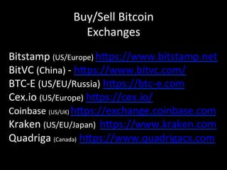 Buy/Sell	
  Bitcoin	
  
Exchanges	
  
Bitstamp	
  (US/Europe)	
  h4ps://www.bitstamp.net	
  
BitVC	
  (China)	
  -­‐	
  h4ps://www.bitvc.com/	
  
BTC-­‐E	
  (US/EU/Russia)	
  h4ps://btc-­‐e.com	
  
Cex.io	
  (US/Europe)	
  h4ps://cex.io/	
  
Coinbase	
  (US/UK)	
  h4ps://exchange.coinbase.com	
  
Kraken	
  (US/EU/Japan)	
  	
  h4ps://www.kraken.com	
  
Quadriga	
  (Canada)	
  	
  h4ps://www.quadrigacx.com	
  
	
  
	
  
 