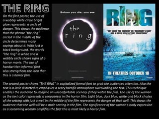 On the first poster, the use of
a wobbly white circle bright
glow represents a circle of
danger. This shows the audience
that the phrase "the ring"
circled in the middle of the
circle determines many
sayings about it. With just a
black background, the words
“the ring" in white and a
wobbly circle shows signs of a
horror movie. The use of
handwritten informal font
also strengthens the idea that
this is a horror film.

The second poster shows "THE RING" in capitalized formal font to grab the audiences attention. Also the
text is a little distorted to emphasize a scary horrific atmosphere surrounding the text. This technique
enables the audience to imagine an uncomfortable scenery if they watch the film. The use of the woman
as the text color represents a seriousness in the horror film. Light blue, dark blue, white and black shades
of the setting with just a well in the middle of the film represents the danger of that well. This shows the
audience that the well will be a main setting in the film. The significance of the woman's body expression
as a screaming woman amplifies the fact this is most likely a horror film.
 