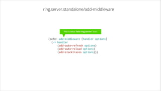 ring.server.standalone/add-middleware

This is what “lein ring server” does

(defn- add-middleware [handler options]
  (-> handler
      (add-auto-refresh options)
      (add-auto-reload options)
      (add-stacktraces options)))

 