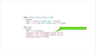(defn foobar-routes [foobar-type]
(routes
(GET "/" [] (str foobar-type " Page"))
(GET "/:id" [id] (str foobar-type "#" id))))
 
(def app7
Not ideal - generates the route fn each call
(routes
(GET "/" [] (home))
(context "/foo" [] (foobar-routes "Foo"))
(context "/bar" [] (foobar-routes "Bar"))
(route/not-found "Wat")))

 