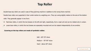 preencoded.png
Double-boss top rollers are used in case of Ring spinning machine in addition to the roving frame machine
Double boss rollers are supported in their center section by weighting arm. They can swing slightly relative to the axis of the bottom
roller. They generally appear in two form:
❖ Fast boss rollers, in which the two bosses on the left and right, respectively, form a rigid unit and can be rotated only in unison.
❖ Loose boss rollers, in which the two bosses are separately mounted and can be rotated independently of one another.
Top Roller
Covering on the top rollers are made of synthetic rubber.
Soft – 60°-70° shore
Medium – 70°-90° shore
Hard – above 90° shore
By Sayan Kundu
 