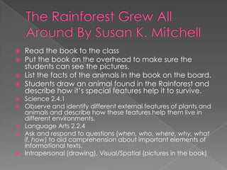 The Rainforest Grew All Around By Susan K. MitchellRead the book to the classPut the book on the overhead to make sure the students can see the pictures.List the facts of the animals in the book on the board.Students draw an animal found in the Rainforest and describe how it’s special features help it to survive.Science 2.4.1 Observe and identify different external features of plants and animals and describe how these features help them live in different environments. Language Arts 2.2.4 Ask and respond to questions (when, who, where, why, what if, how) to aid comprehension about important elements of informational texts.Intrapersonal (drawing), Visual/Spatial (pictures in the book)