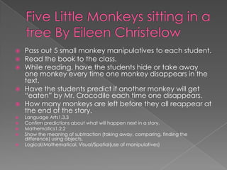 Five Little Monkeys sitting in a tree By Eileen ChristelowPass out 5 small monkey manipulatives to each student.Read the book to the class.While reading, have the students hide or take away one monkey every time one monkey disappears in the text.Have the students predict if another monkey will get “eaten” by Mr. Crocodile each time one disappears.How many monkeys are left before they all reappear at the end of the story.Language Arts1.3.3 Confirm predictions about what will happen next in a story.Mathematics1.2.2 Show the meaning of subtraction (taking away, comparing, finding the difference) using objects.Logical/Mathematical, Visual/Spatial(use of manipulatives)