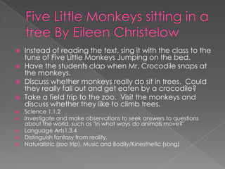 Five Little Monkeys sitting in a tree By Eileen ChristelowInstead of reading the text, sing it with the class to the tune of Five Little Monkeys Jumping on the bed.Have the students clap when Mr. Crocodile snaps at the monkeys.  Discuss whether monkeys really do sit in trees.  Could they really fall out and get eaten by a crocodile?Take a field trip to the zoo.  Visit the monkeys and discuss whether they like to climb trees.Science 1.1.2 Investigate and make observations to seek answers to questions about the world, such as "In what ways do animals move?" Language Arts1.3.4 Distinguish fantasy from reality.Naturalistic (zoo trip), Music and Bodily/Kinesthetic (song)