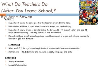What Do Teachers Do (After You Leave School)? By: Anne Bowen ACTIVITY Students will create the same goo that the teachers created in the story. Each student will have a bowl, some cornstarch, water, and food coloring.  Students will empty a box of cornstarch into the bowl, add 1 ½ cups of water, and add 15 drops of food coloring.  Last they can mix it with their hands!  If goo is not hard or soft enough, continue to add cornstarch or water until mixture creates the solution of goo that it should.  STANDARDS Science – 2.5.2: Recognize and explain that it is often useful to estimate quantities.  Mathematics – 2.5.5: Estimate and measure capacity using cups and pints.  GARDNER’S   Bodily-Kinesthetic Logical-Mathematical 