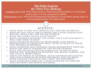 The Polar ExpressBy: Chris Van AllsburgLanguage Arts: 1.5.2. Write brief expository (informational) descriptions of a real object, person, place, or event, using sensory details Math/Science: 1.2.7. Write brief informational descriptions of a real object, person, place, or event using information from observationsActivity:Make this a very fun, special day for the students.Discuss that many great books are later turned into movies, much like the polar express.Read the story aloud to students.When finished reading the story, give each student a bell for them to keep.Have students return to their desks and write a description of their new bell using as many of their five senses as possible. Once everyone has finished their descriptive writing, Begin the movie version of the polar express.Have the students watch carefully to see if they notice any differences between the movie version and the actual book itself.When the movie is finished, Have students volunteer and give examples of ways the movie and the book were similar and ways that they are different.Have students complete a venn diagram to compare and contrast the movie and book.Gardner’s Multiple Intelligence: interpersonal 