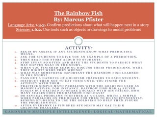 The Rainbow FishBy: Marcus PfisterLanguage Arts: 1.3.3. Confirm predictions about what will happen next in a storyScience: 1.6.2. Use tools such as objects or drawings to model problemsActivity:Begin by asking if any students know what predicting means.Ask for students to give you an example of a prediction.ThenRead the story aloud to students.Stop every so often and have the students to predict what may happen next in the story.When you finished reading discuss their predictions. Were they right? Were they wrong?What was something important the rainbow fish learned in the story?Pass out a handful of goldfish crackers to each student.Instruct them NOT to eat them until you finish the activity with them.Practice simple math problems with the goldfish used as manipulatives. For instance, Rainbow fish had 15 silver scales but decided to share 5 scales with his friend. How many scales does the rainbow fish have?Do several problems together as a class. Write 3 simple word problems on the board for them to do independently. Remind students to use the goldfish to help them figure the problems out.After everyone is finished students may eat their goldfish crackers.Gardner’s Multiple Intelligence: logical-mathematical