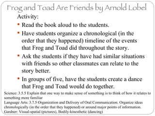 Frog and Toad Are Friends by Arnold Lobel  ,[object Object],[object Object],[object Object],[object Object],[object Object],Science: 3.5.5 Explain that one way to make sense of something is to think of how it relates to something more familiar Language Arts: 3.7.5 Organization and Delivery of Oral Communication. Organize ideas chronologically (in the order that they happened) or around major points of information.  Gardner: Visual-spatial (pictures), Bodily-kinesthetic (dancing) 