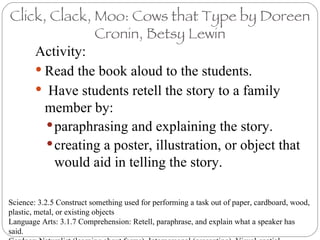 Click, Clack, Moo: Cows that Type by Doreen Cronin, Betsy Lewin ,[object Object],[object Object],[object Object],[object Object],[object Object],Science: 3.2.5 Construct something used for performing a task out of paper, cardboard, wood, plastic, metal, or existing objects Language Arts: 3.1.7 Comprehension: Retell, paraphrase, and explain what a speaker has said.  Gardner: Naturalist (learning about farms), Interpersonal (presenting), Visual-spatial (pictures) 