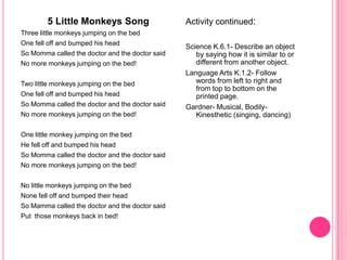 5 Little Monkeys SongThree little monkeys jumping on the bedOne fell off and bumped his headSo Momma called the doctor and the doctor saidNo more monkeys jumping on the bed!Two little monkeys jumping on the bedOne fell off and bumped his headSo Momma called the doctor and the doctor saidNo more monkeys jumping on the bed!One little monkey jumping on the bedHe fell off and bumped his headSo Momma called the doctor and the doctor saidNo more monkeys jumping on the bed!No little monkeys jumping on the bedNone fell off and bumped their headSo Mamma called the doctor and the doctor saidPut  those monkeys back in bed!Activity continued:Science K.6.1- Describe an object by saying how it is similar to or different from another object.Language Arts K.1.2- Follow words from left to right and from top to bottom on the printed page.Gardner- Musical, Bodily-Kinesthetic (singing, dancing) 