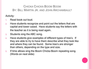 ChickaChicka Boom BoomBy: Bill Martin Jr. and John ArchambaultActivity:Read book out loud.  Have students recognize and point out the letters that are capital and lower cased.  Have students say the letters with the teacher as it is being read again.Students sing the ABC song.Have students give examples of different types of tree’s.  If they are able to try to have them describe what they look like and where they can be found.  Some tree’s are stronger than others, depending on the type and size.If time allows sing the Boom Chicka Boom repeating song.  (Words on next slide)