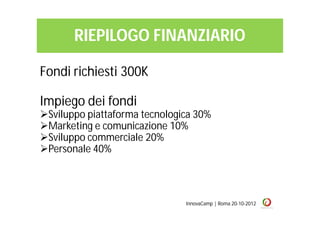 RIEPILOGO FINANZIARIO

Fondi richiesti 300K

Impiego dei fondi
Sviluppo piattaforma tecnologica 30%
Marketing e comunicazione 10%
Sviluppo commerciale 20%
Personale 40%



                               InnovaCamp | Roma 20-10-2012
 