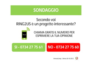 SONDAGGIO
            Secondo voi
 RING2US è un progetto interessante?

            CHIAMA GRATIS IL NUMERO PER
             ESPRIMERE LA TUA OPINIONE


SI - 0734 27 75 61   NO - 0734 27 75 60

                         InnovaCamp | Roma 20-10-2012
 
