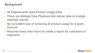 21 | © 2016 RingCentral, Inc. All rights reserved.
Background
21
 All Departments need Product Usage Data
 There are Multiple Data Pipelines that deliver data to multiple
separate reports
 No consistent way of retrieving all product usage for a given
account
 Requires many man hours to create a report for customers or
segments
 