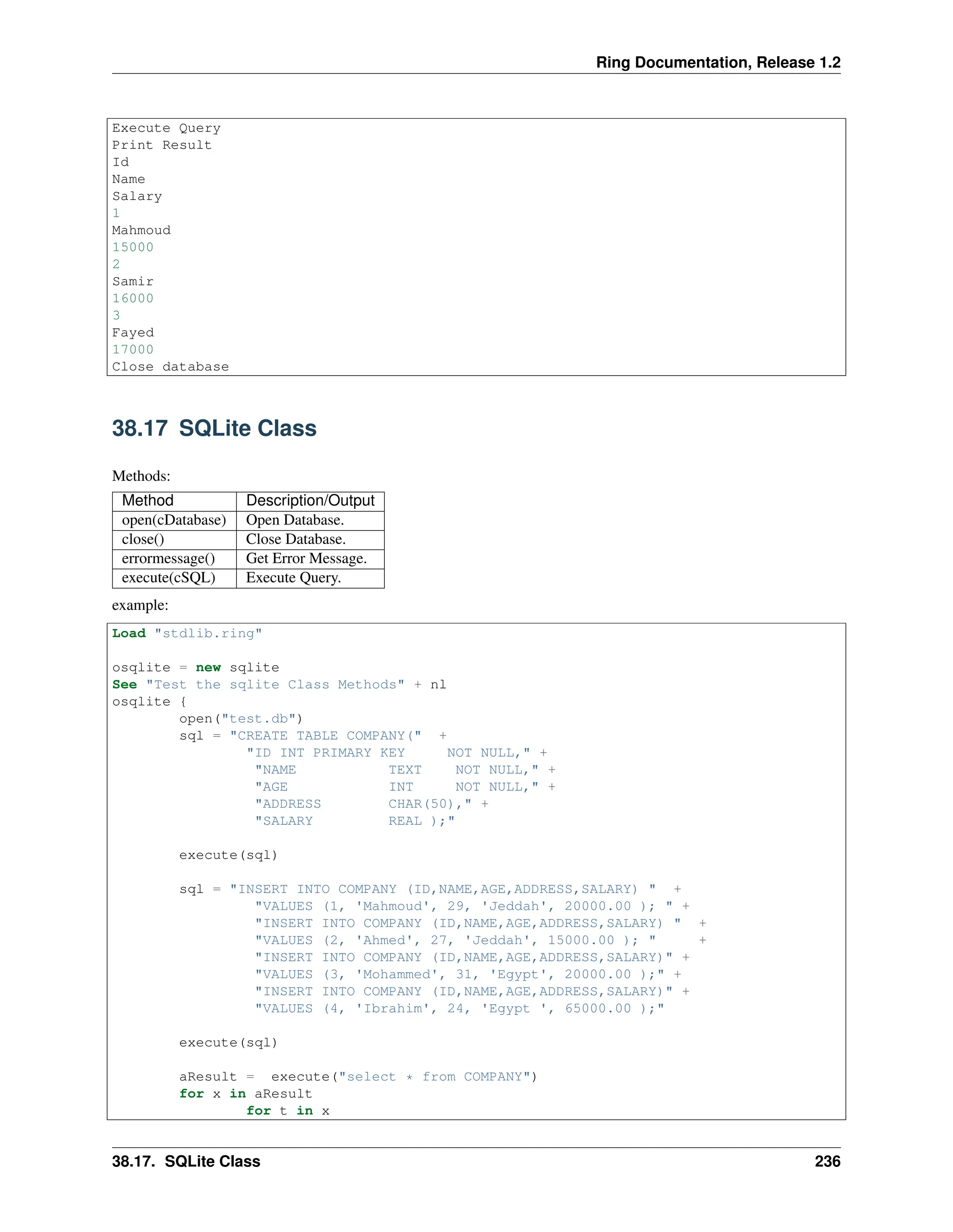 Ring Documentation, Release 1.2 Execute Query Print Result Id Name Salary 1 Mahmoud 15000 2 Samir 16000 3 Fayed 17000 Close database 38.17 SQLite Class Methods: Method Description/Output open(cDatabase) Open Database. close() Close Database. errormessage() Get Error Message. execute(cSQL) Execute Query. example: Load "stdlib.ring" osqlite = new sqlite See "Test the sqlite Class Methods" + nl osqlite { open("test.db") sql = "CREATE TABLE COMPANY(" + "ID INT PRIMARY KEY NOT NULL," + "NAME TEXT NOT NULL," + "AGE INT NOT NULL," + "ADDRESS CHAR(50)," + "SALARY REAL );" execute(sql) sql = "INSERT INTO COMPANY (ID,NAME,AGE,ADDRESS,SALARY) " + "VALUES (1, 'Mahmoud', 29, 'Jeddah', 20000.00 ); " + "INSERT INTO COMPANY (ID,NAME,AGE,ADDRESS,SALARY) " + "VALUES (2, 'Ahmed', 27, 'Jeddah', 15000.00 ); " + "INSERT INTO COMPANY (ID,NAME,AGE,ADDRESS,SALARY)" + "VALUES (3, 'Mohammed', 31, 'Egypt', 20000.00 );" + "INSERT INTO COMPANY (ID,NAME,AGE,ADDRESS,SALARY)" + "VALUES (4, 'Ibrahim', 24, 'Egypt ', 65000.00 );" execute(sql) aResult = execute("select * from COMPANY") for x in aResult for t in x 38.17. SQLite Class 236 