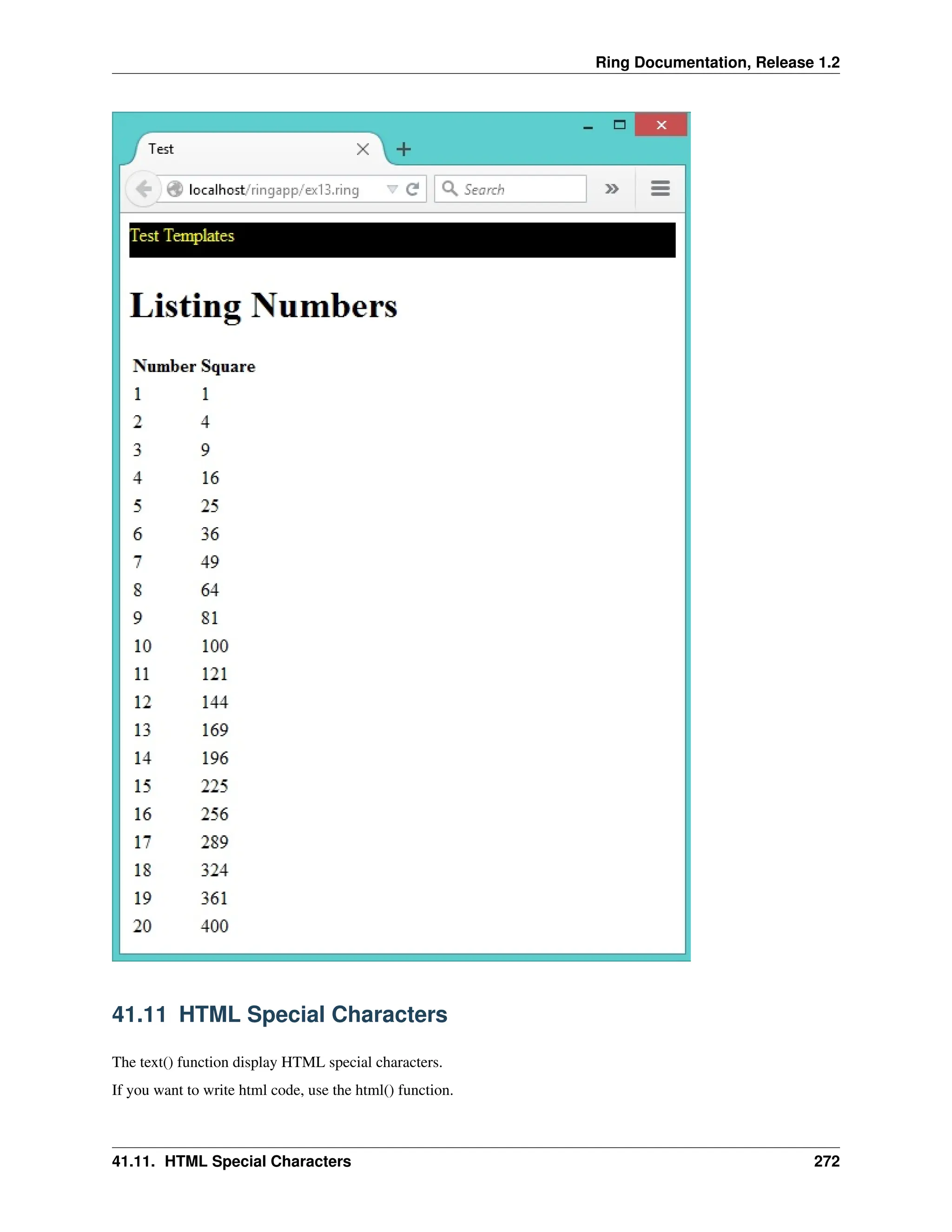 Ring Documentation, Release 1.2 41.11 HTML Special Characters The text() function display HTML special characters. If you want to write html code, use the html() function. 41.11. HTML Special Characters 272 