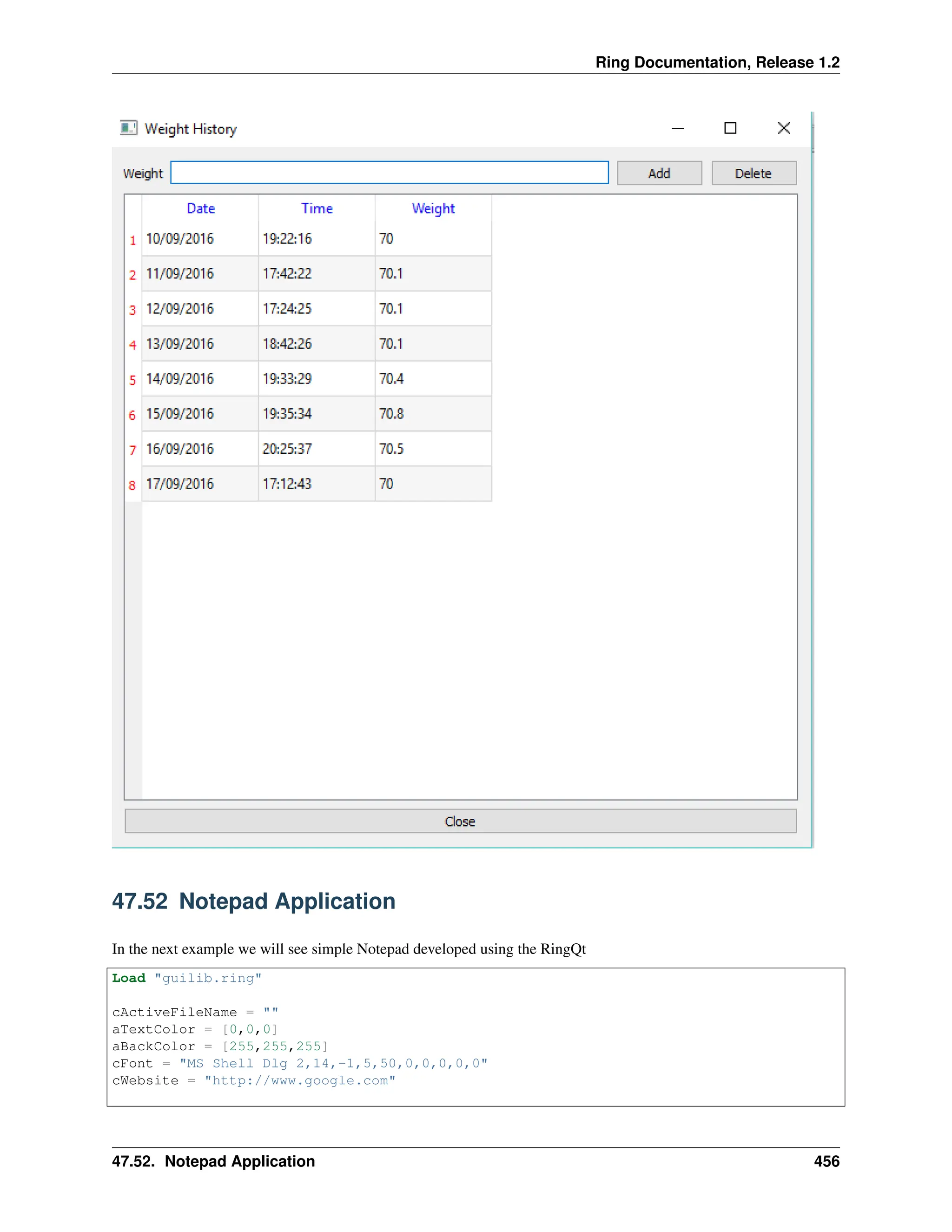 Ring Documentation, Release 1.2 47.52 Notepad Application In the next example we will see simple Notepad developed using the RingQt Load "guilib.ring" cActiveFileName = "" aTextColor = [0,0,0] aBackColor = [255,255,255] cFont = "MS Shell Dlg 2,14,-1,5,50,0,0,0,0,0" cWebsite = "http://www.google.com" 47.52. Notepad Application 456 